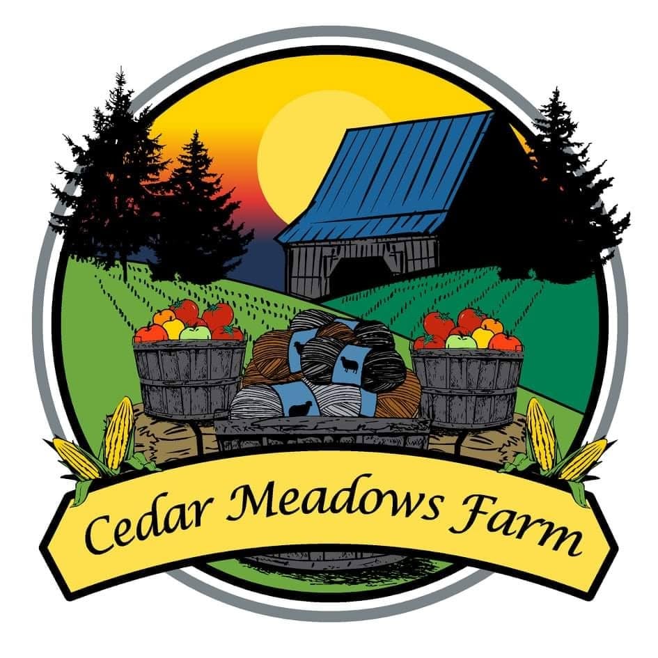 Cedar Meadows Farm logo with a barn, farm fields, produce, and yarn