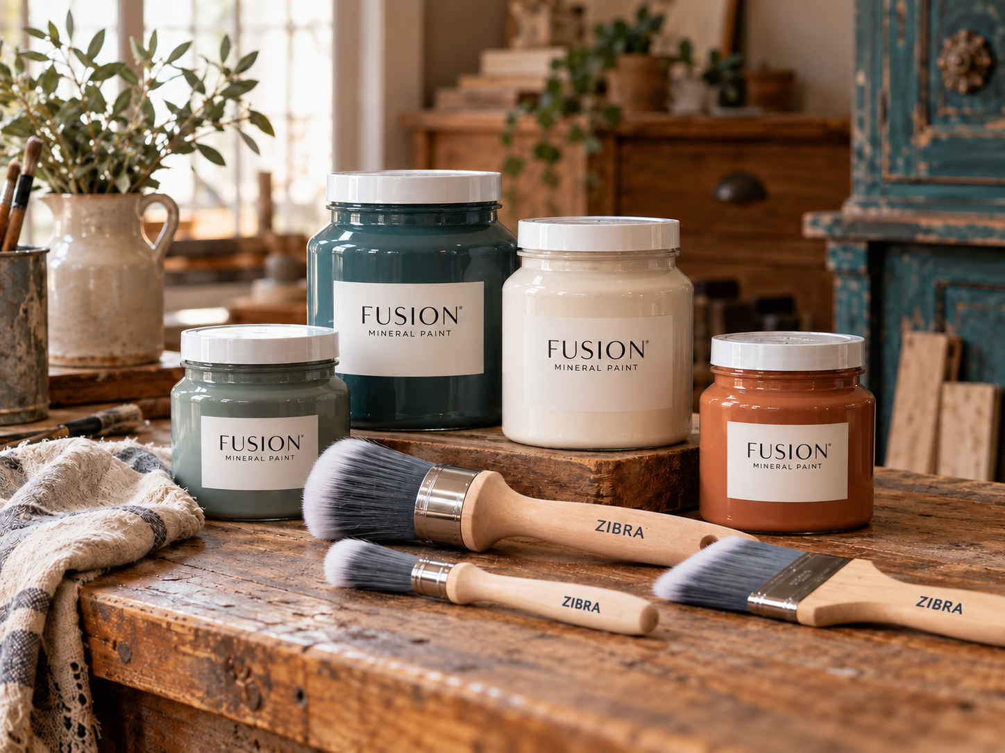 Fusion Mineral Paint cans and Zibra paint brushes displayed on a vintage wood workbench