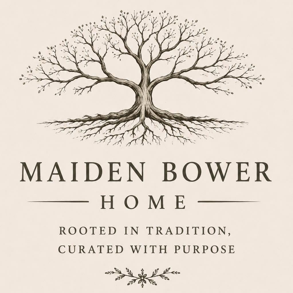 Maiden Bower Home logo featuring a rooted tree and the words Rooted in Tradition, Curated with Purpose