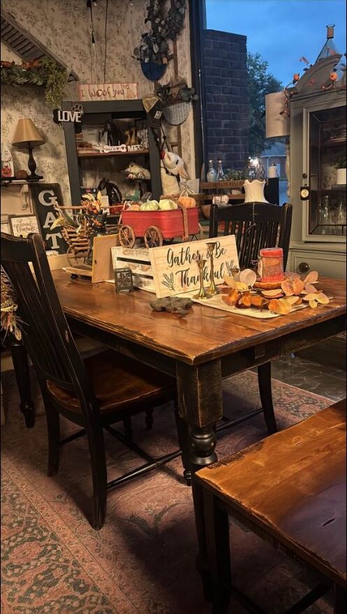 Styled farmhouse table inside Rust & Grain Vintage Market