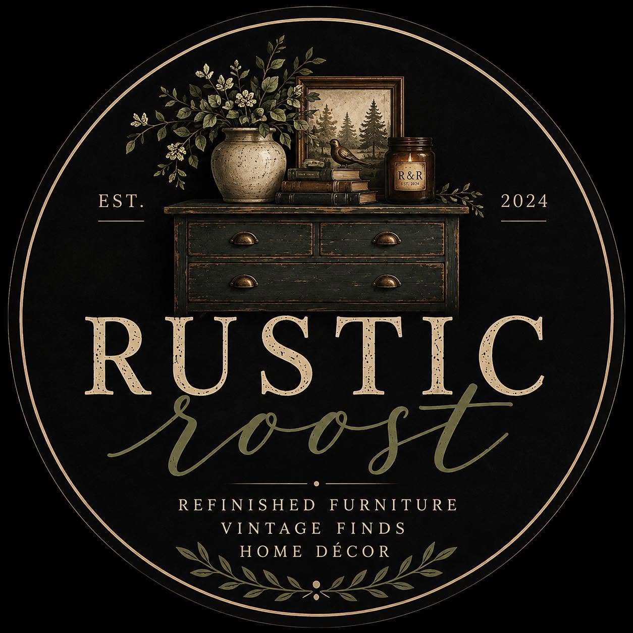 Rustic Roost logo featuring refinished furniture, vintage finds, and home décor