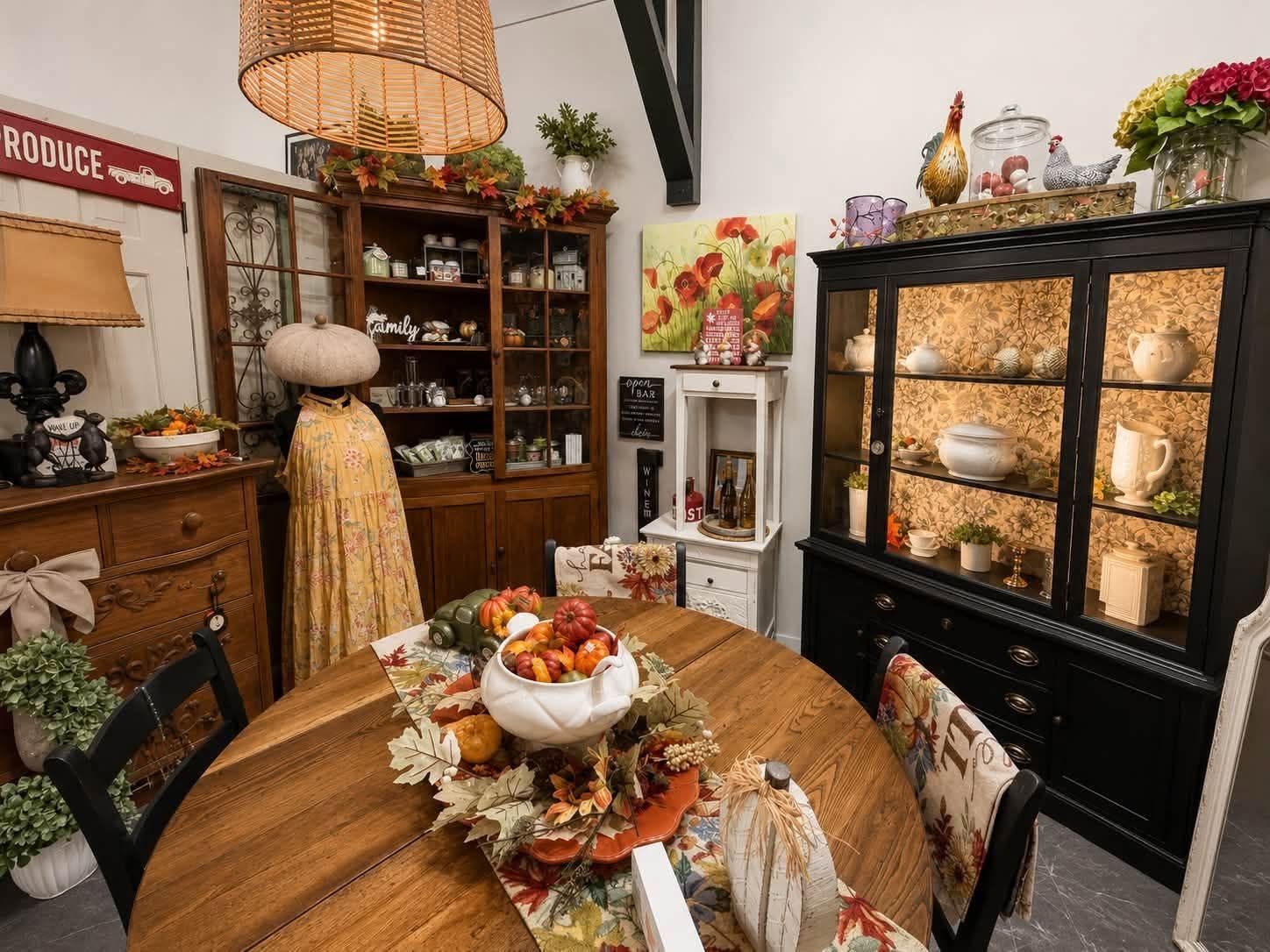 Willow & Oak booth with heirloom furniture, seasonal décor, and warmly styled home furnishings